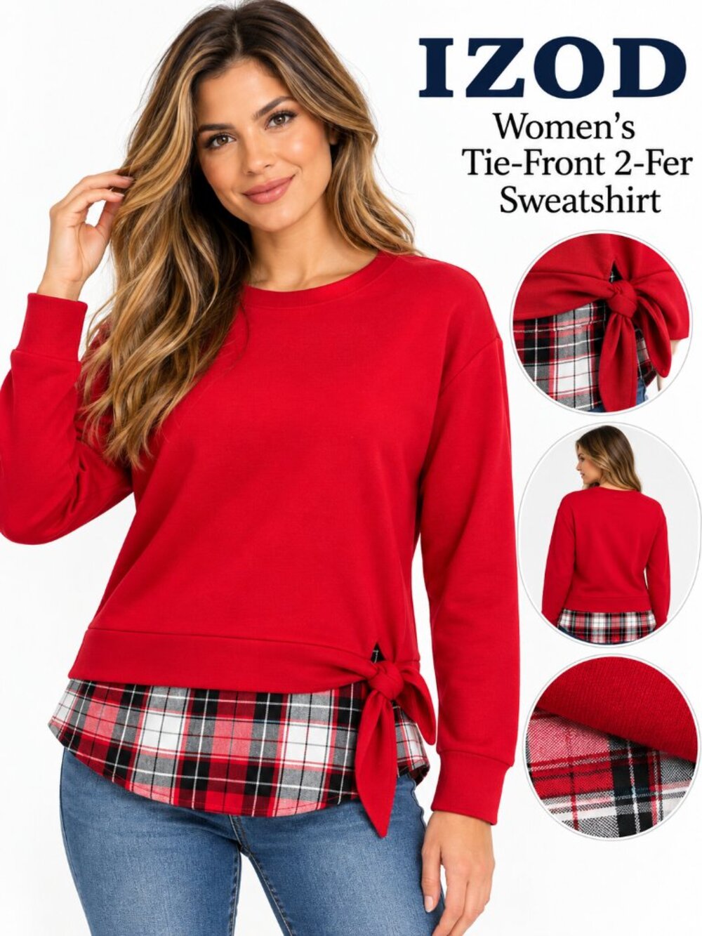IZOD Women’s Tie-Front 2-Fer Plaid Sweatshirt Tango Red NWT